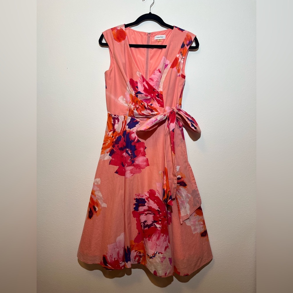 Calvin Klein Coral Pink Floral Midi Dress